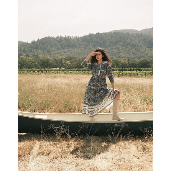 EUC Cleobella Dalia Midi Dress Blue Gray Rishi Block Print Boho Cotton Small (S) - Picture 9 of 16